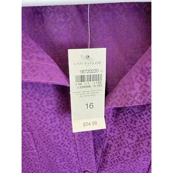Ann Taylor Women's 16 Purple Floral Geometric Lightweight Sheer Button Up Shirt - Picture 3 of 8